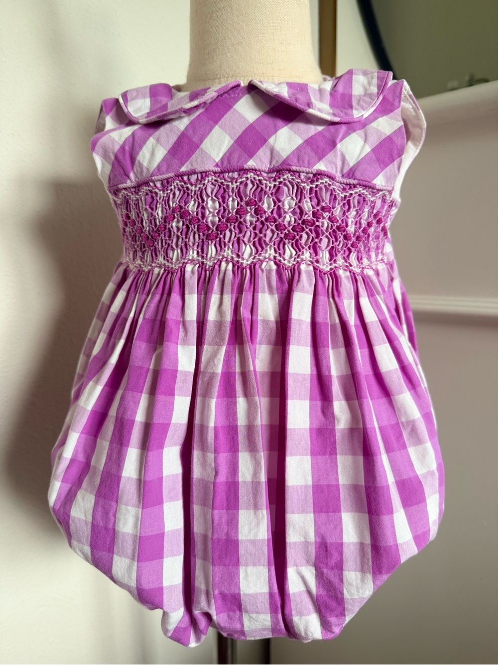 Finita Baby Girl 12M Gingham Smocked Bubble Romper Peter Pan Collar